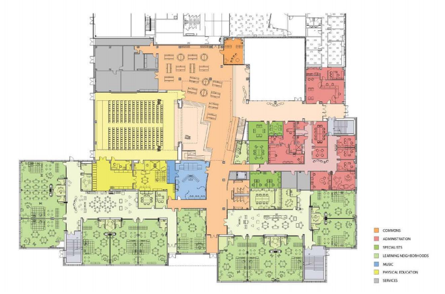 The new Hanscom Middle School will have "neighborhoods" of classrooms with shared central space.