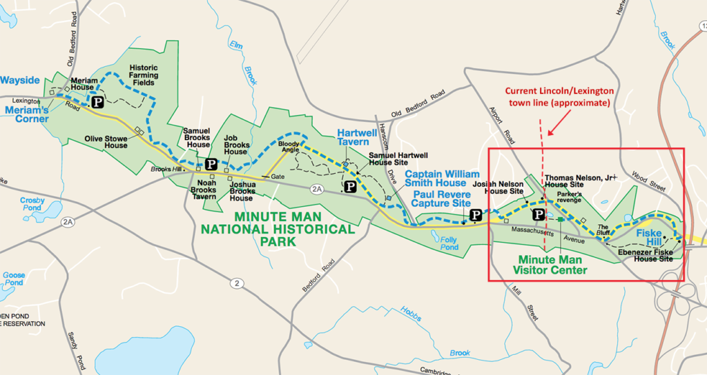 Minute Man National Historic Park. The area in the red box is shown in an expanded view below (click to enlarge).